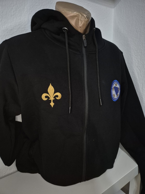 Black hoodie with gold fleur-de-lis design and blue patch on a mannequin against a white background